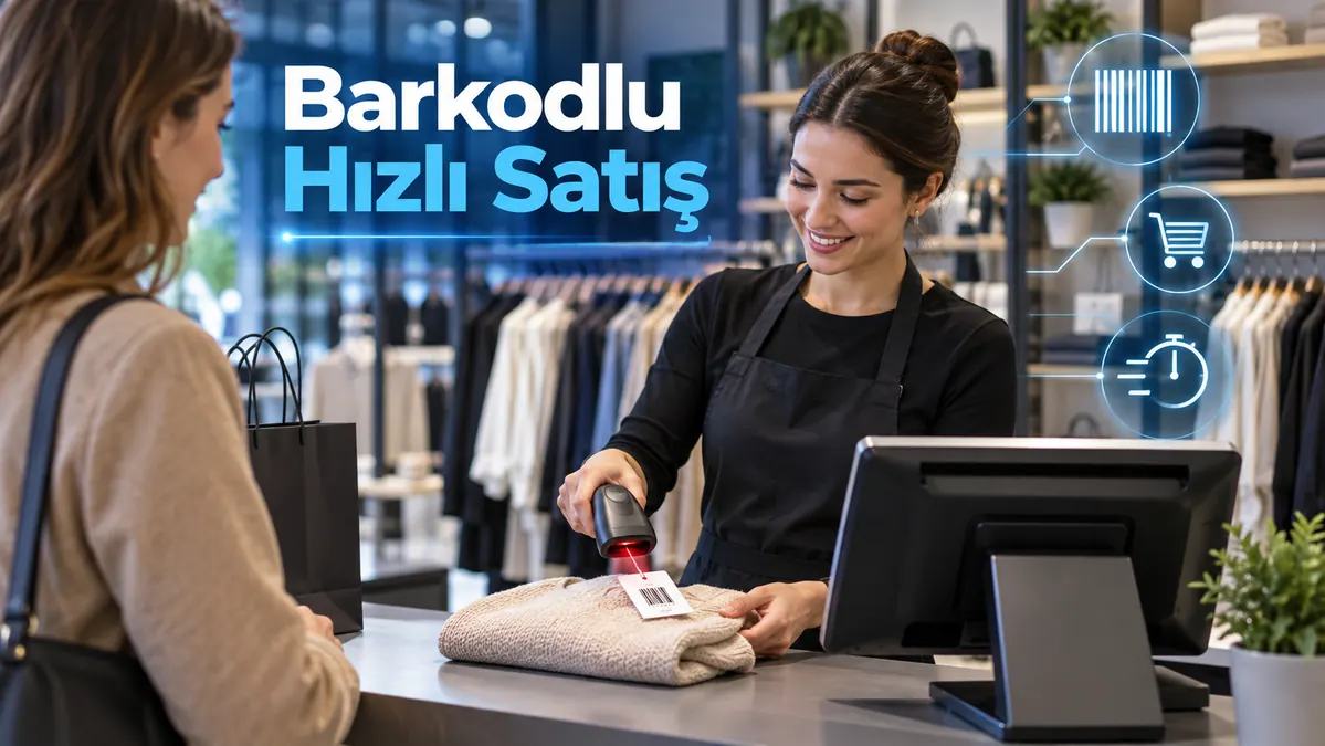 Barkodlu Hızlı Satış Giyim mağazasında barkod okuyucu ile hızlı satış yapan kasiyer
